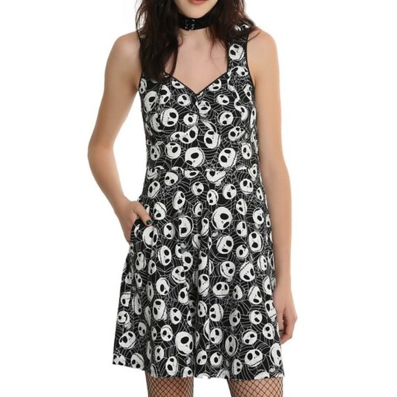 NBC Jack Skellington Spiderwebs Open Back Emo Goth Skater Dress Medium POCKETS - Picture 1 of 5